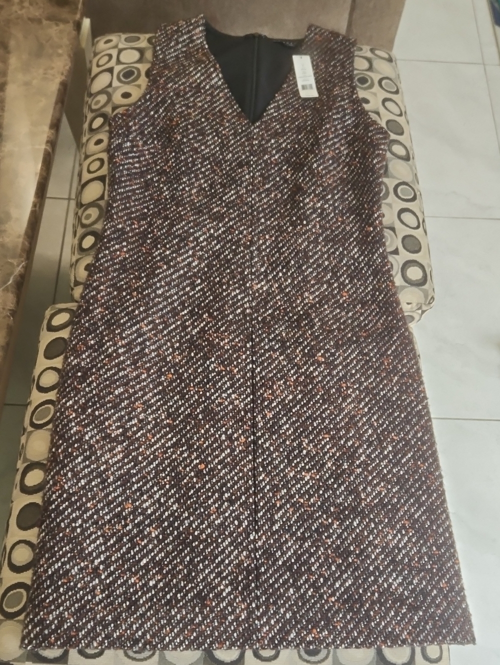 Theory Tweed V-Neck Midi Dress in Brown and Cream Metallic
